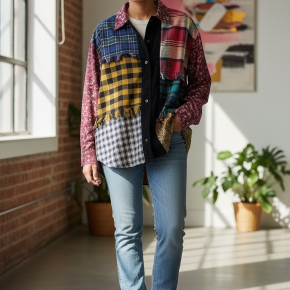 Patchwork Button Down Shirt - Multicolor - Picture 5 of 5